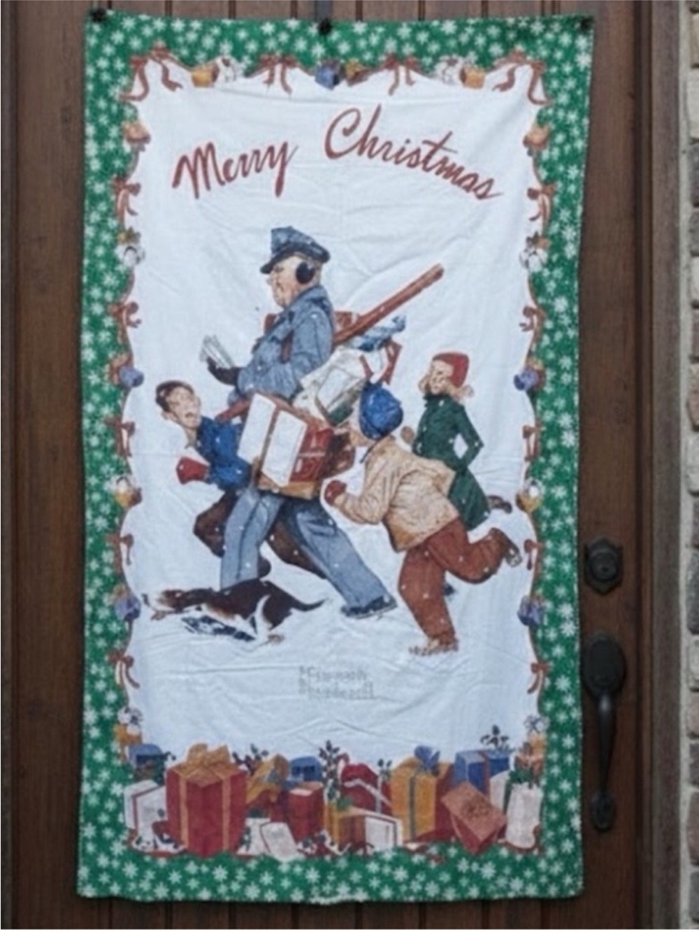 NORMAN ROCKWELL Christmas postman mailman kids fabric door panel vintage